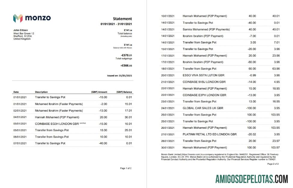 Modelo de extrato bancário Monzo para impressão do Reino Unido em formato Word e PDF (3 páginas), bom para prova de endereço